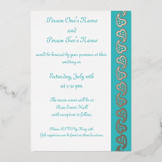Sweet Paisley Hearts in Türkis Foil Einladung (Vorderseite)