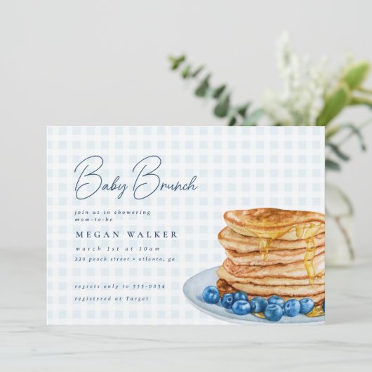 Sweet Pancake Blue Gingham Boy Baby Showbrunch Einladung (Stehend Vorderseite)