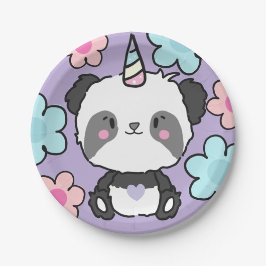 Sweet Panda Unicorn Girls Rainbow Birthday Pappteller (Vorderseite)
