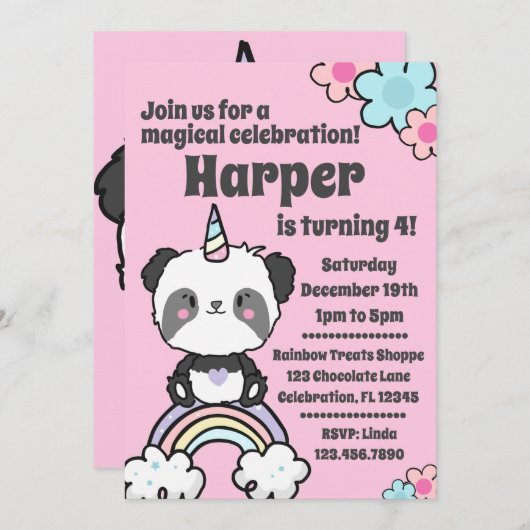 Sweet Panda Unicorn Girly Einladung (Vorne/Hinten)