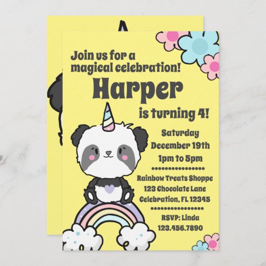 Sweet Panda Unicorn Girly Einladung (Vorne/Hinten)