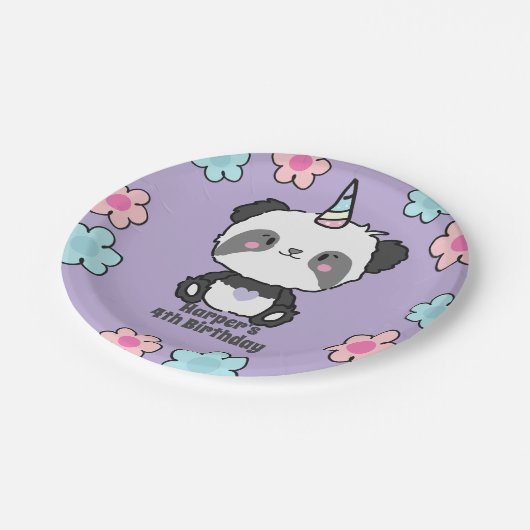 Sweet Panda Unicorn Girly Floral Personalisiert Pappteller (Schrägansicht)