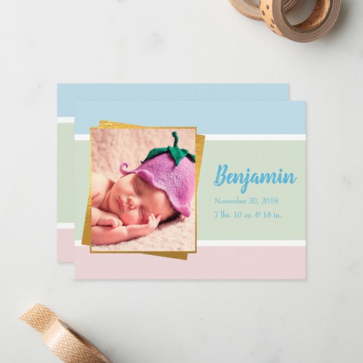 Sweet Pastel Baby Boy Foto Birth Record Stat Mitteilungskarte (Vorderseite/Rückseite Beispiel)