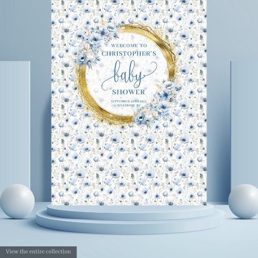 Sweet Pastel Blue Gold Blume Kinderduschbanner Wandteppich