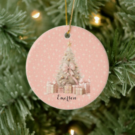 Sweet Pastel Blush Pink Snowflake & Christmas Tree Keramik Ornament