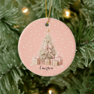 Sweet Pastel Blush Pink Snowflake & Christmas Tree Keramik Ornament