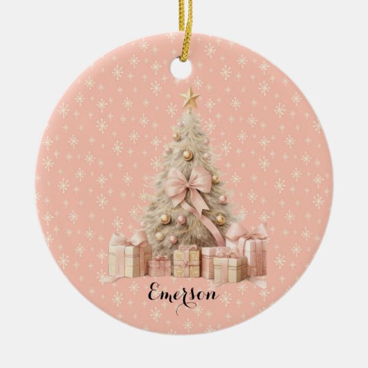 Sweet Pastel Blush Pink Snowflake & Christmas Tree Keramik Ornament (Vorne)