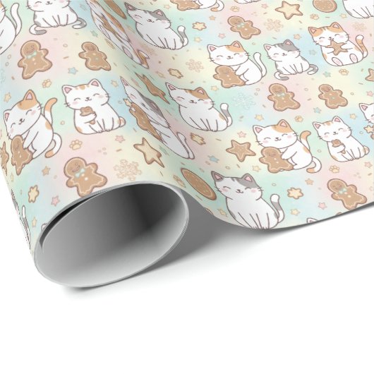 Sweet Pastel Christmas Cookie Cats Gingerbread Geschenkpapier (Rolleneckpunkt)