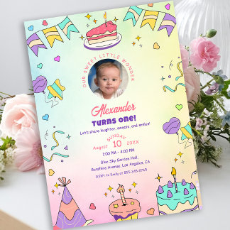 Sweet Pastel Cute Baby Boy 1st Birthday Photo Einladung