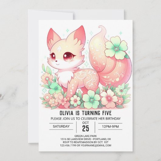 Sweet Pastel Fox Digital Geburtstag Einladung (Vorderseite)