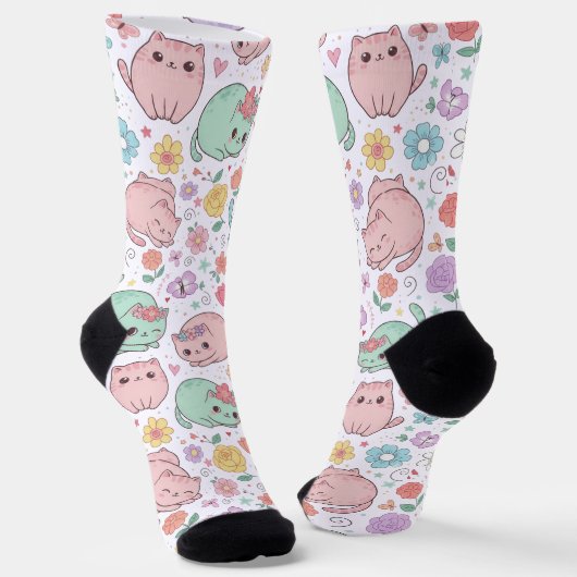 Sweet Pastel Kawaii Cat and Spring Floral Pattern Socken (Gewinkelt)