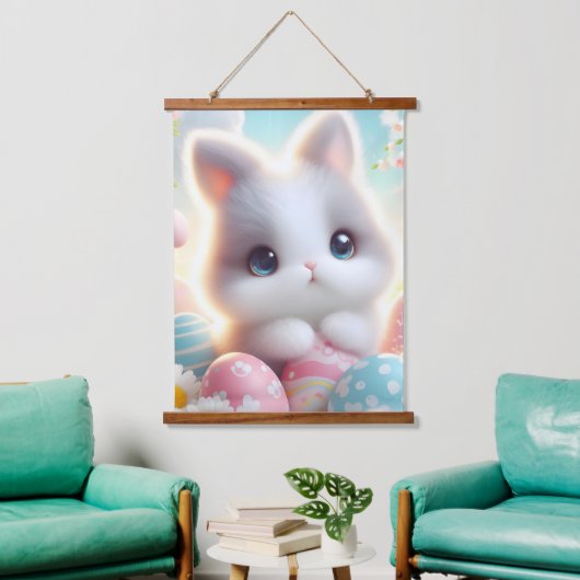 Sweet Pastel Kawaii Kitten Easter Eggs Wandteppich Mit Holzrahmen (Wohnzimmer)