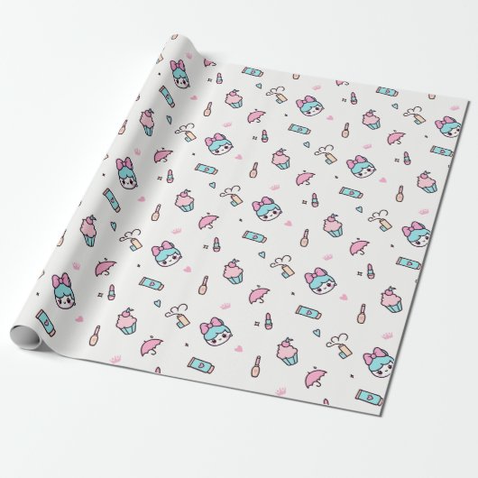 Sweet Pastel Kawaii Pattern – Stars & Makeup Geschenkpapier (Ungerollt)