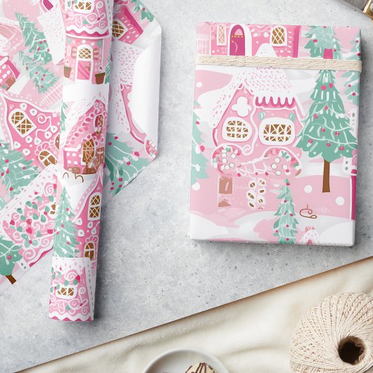Sweet Pastel Pink Gingerbread Village Weihnachten Geschenkpapier