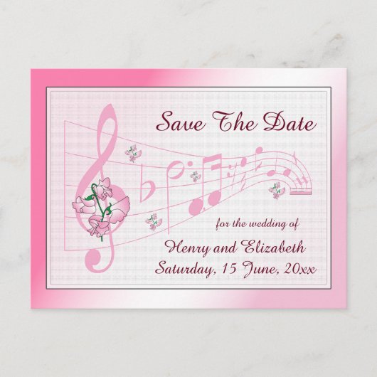 Sweet Pea and Music Save the Date Card Ankündigungspostkarte (Vorderseite)