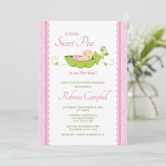 Sweet Pea Baby Shower Einladung, Girl Pink Einladung (Stehend Vorderseite)