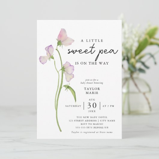 Sweet Pea Blume | Girl Baby Dusche Einladung (Stehend Vorderseite)