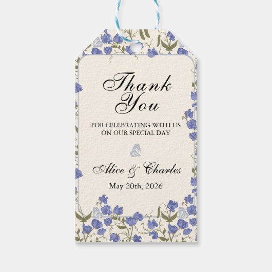 Sweet Pea Floral Blue und Cream Gastgeschenk Hochz Geschenkanhänger (Rückseite)