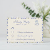 Sweet Pea Floral Blue und Cream RSVP Karte (Stehend Vorderseite)