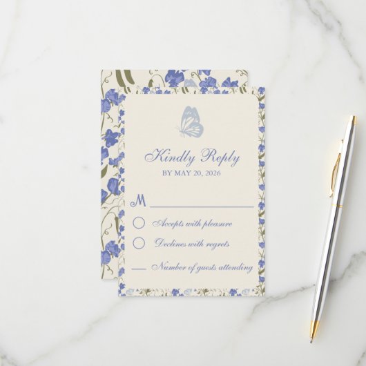Sweet Pea Floral Blue und Cream RSVP Karte (Vorderseite/Rückseite Beispiel)