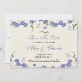 Sweet Pea Floral Blue und Cream Save the Date Einladung