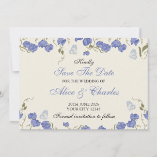 Sweet Pea Floral Blue und Cream Save the Date Einladung