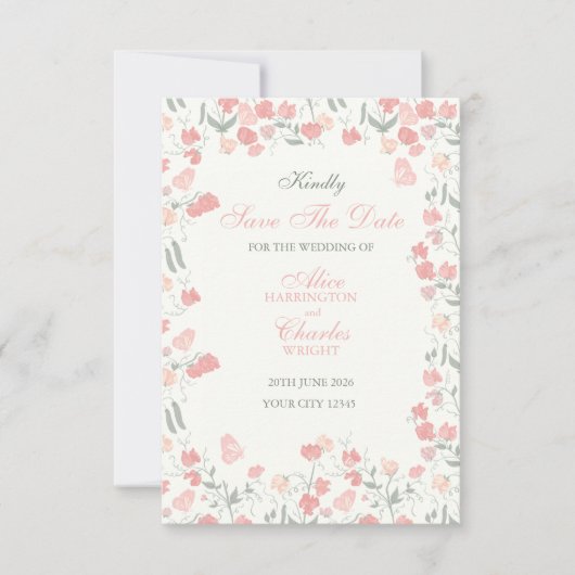 Sweet Pea Floral Pink und Creme Save The Date (Vorderseite)