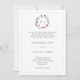 Sweet Pea Floral Wreath Monogram Wedding Einladung