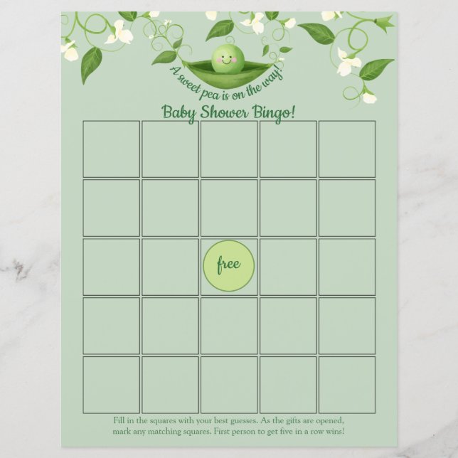 Sweet Pea in Pod Baby Shooter Bingo Game Card (Vorderseite)
