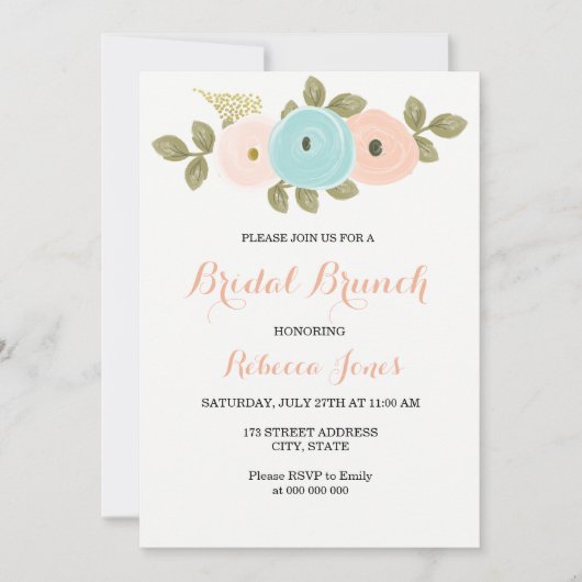 Sweet Peach Aquamarin Floral Bridal Brunch Einladu Einladung (Vorderseite)