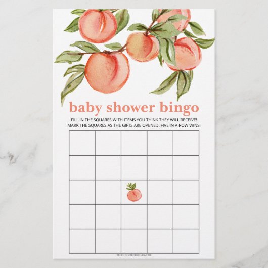 Sweet Peach Baby Dusche Bingo Spiel (Vorderseite)