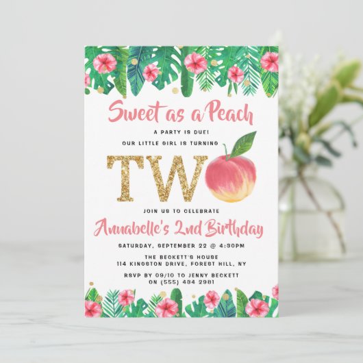 Sweet Peach Girls 2. Geburtstag Einladung (Stehend Vorderseite)