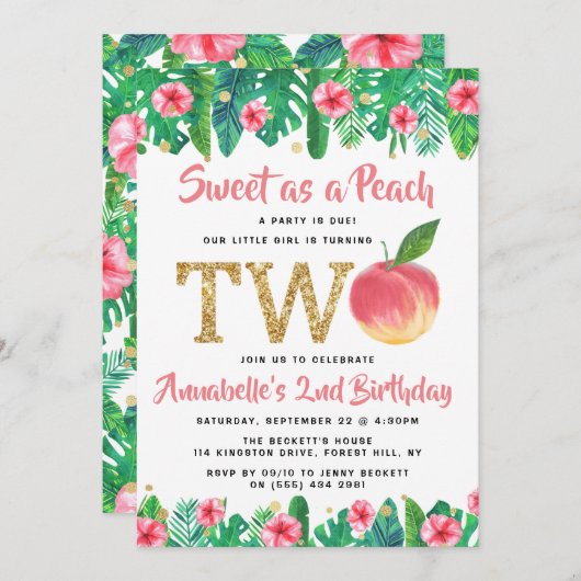 Sweet Peach Girls 2. Geburtstag Einladung (Vorne/Hinten)