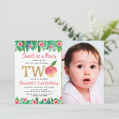 Sweet Peach Girls 2. Geburtstag Foto Einladung (Stehend Vorderseite)