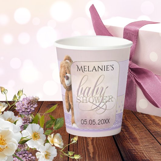 Sweet Peach Lilac Teddy Bear Baby Dusche Pappbecher