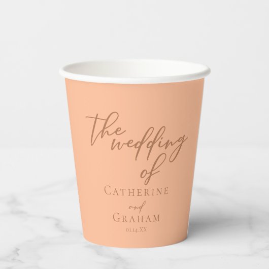 Sweet Peach Minimalistisch Script Summer Wedding Pappbecher (Rückseite)