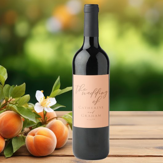 Sweet Peach Minimalistisch Script Summer Wedding Weinetikett
