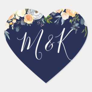 Sweet Peach & Navy Blume Hochzeitsinitials Gefalle Herz-Aufkleber