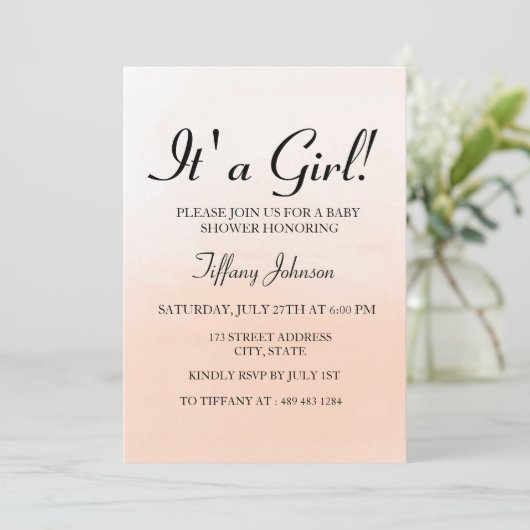 Sweet Peach Ombre mit einer Girl-Baby-Dusche laden Einladung (Stehend Vorderseite)