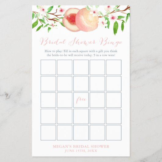 Sweet Peach Orchard Brautparty Bingo Game Card Flyer (Vorne)