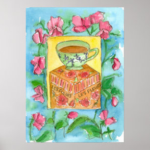 Sweet Peas Cup of Tea Watercolor Painting Poster