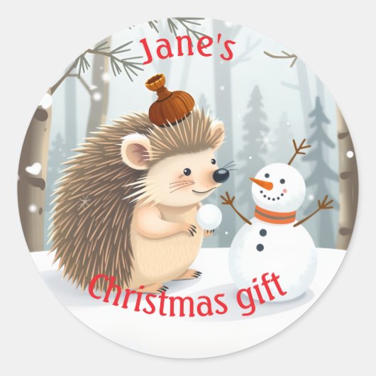 Sweet personlized hedgehog and snowman runder aufkleber (Vorderseite)