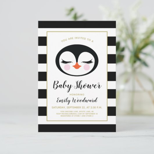 Sweet Pinguin Face Baby Dusche Einladung (Stehend Vorderseite)