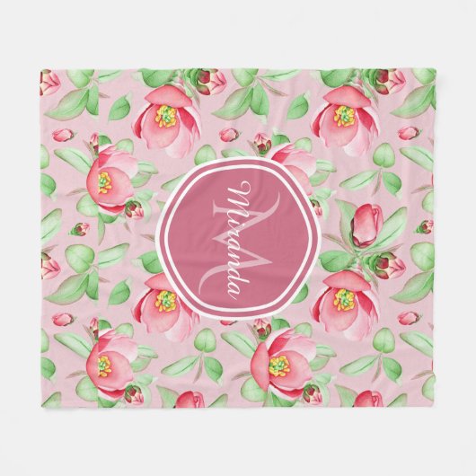 Sweet Pink Apfelblüte mit Monogramm Fleecedecke (Vorderseite (Horizontal))