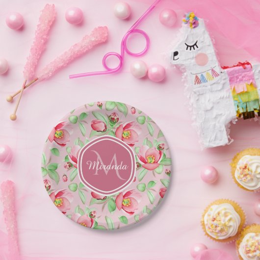 Sweet Pink Apfelblüte mit Monogramm Pappteller (Party)