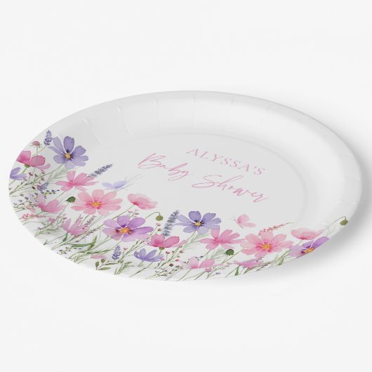 Sweet Pink Baby in Bloom Wildblume Babydusche Pappteller (Schrägansicht)