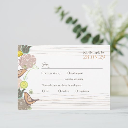 Sweet Pink Birds Floral Garden Wedding RSVP Card (Stehend Vorderseite)