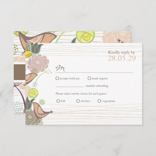 Sweet Pink Birds Floral Garden Wedding RSVP Card (Vorne/Hinten)