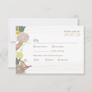 Sweet Pink Birds Floral Garden Wedding RSVP Card Karte