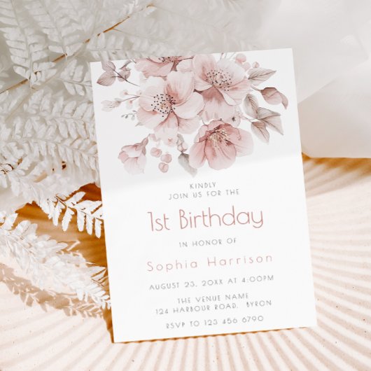 Sweet Pink Blume Mädchen 1. Geburtstag Party Einladung